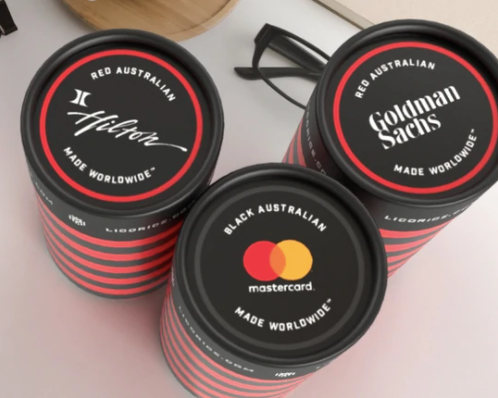 Licorice tubes with corporate logos