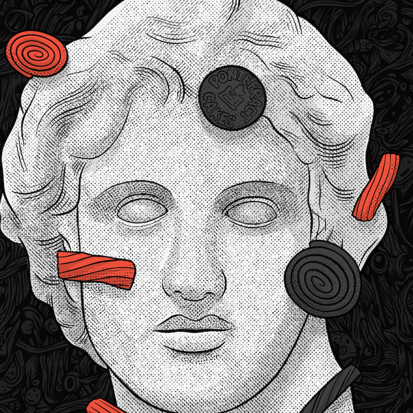 Statue head surrounded by licorice