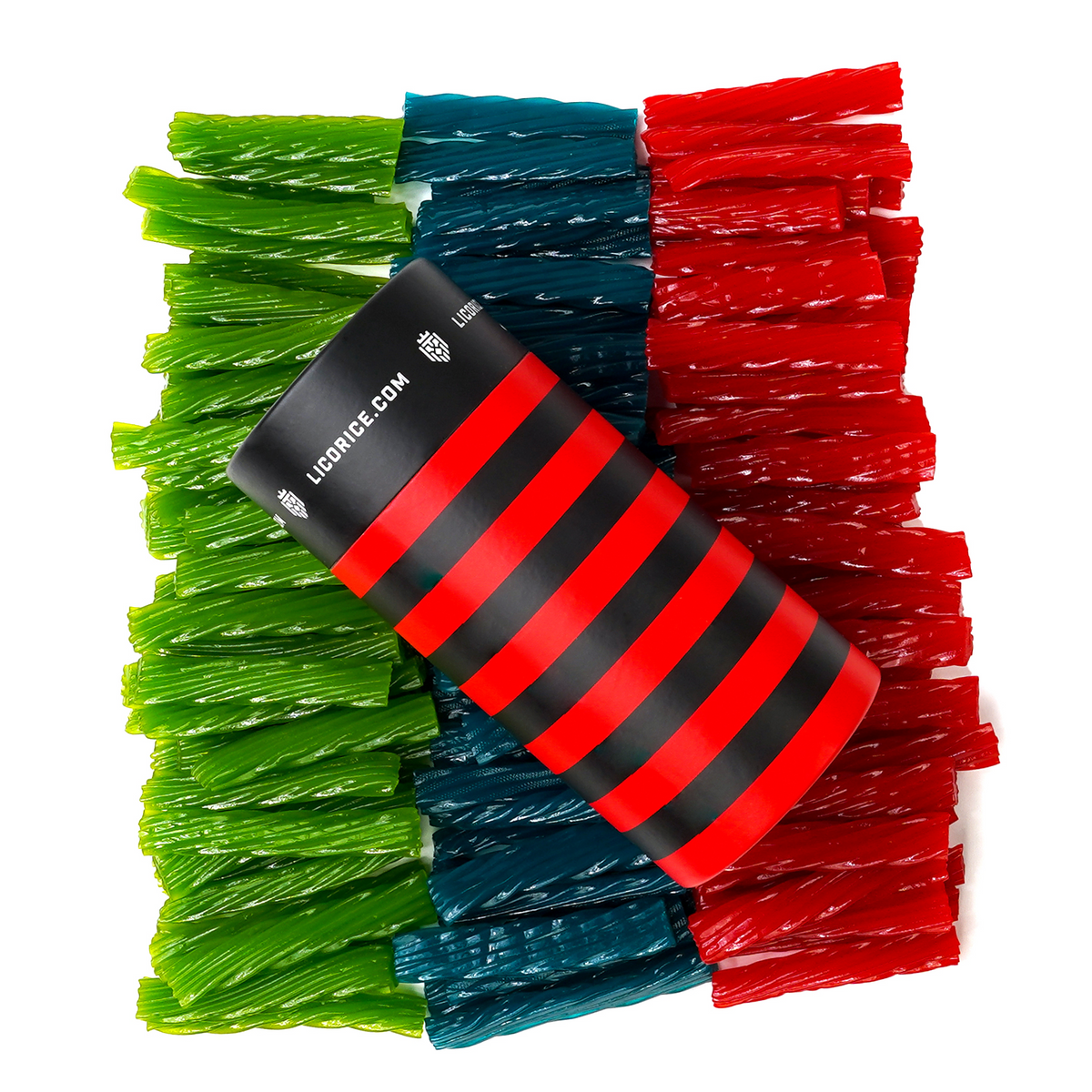 Licorice.com classic 7in tube packaging with a variety of licorice flavors including green apple, blue raspberry and red watermelon bite sized licorice. 